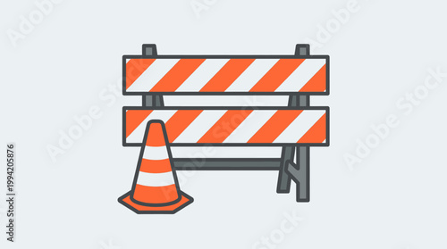 Construction Barrier with Orange Cone Vector Illustration for Road Work Safety