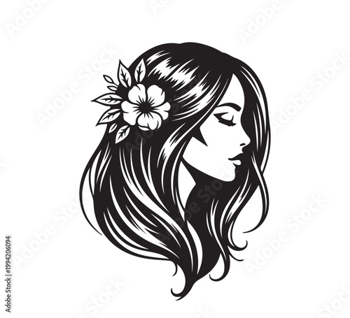Elegant monochromatic illustration of a woman in profile, her flowing hair adorned with a delicate flower, embodying serene natural beauty, grace, and timeless femininity in a graphic art style