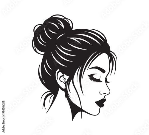 Elegant profile illustration capturing the serene essence of a stylish woman with a classic top knot hairstyle, embodying grace and feminine allure