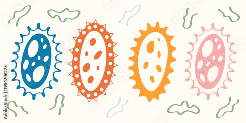 Colorful bacteriophages with unique shapes and patterns are illustrated