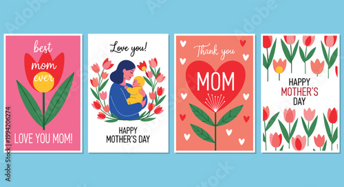Set of colorful happy mothers day greeting cards with floral elements love message typography and modern flat vector illustration collection