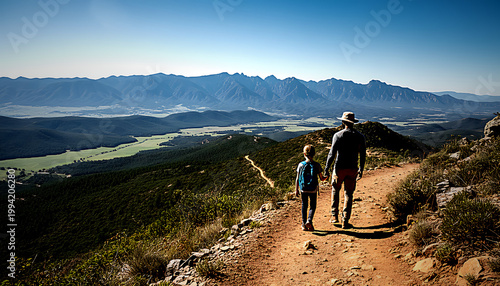 African american father and son hiking together on mountain trail with scenic valley view