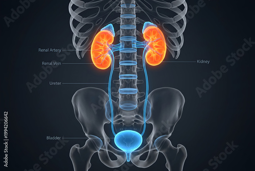 Anatomical illustration of human urinary system organs showing kidneys ureters bladder and skeleton