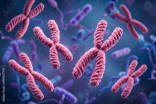 Multiple pink chromosomes scattered with purple rod-shaped cells and smaller chromosome structures