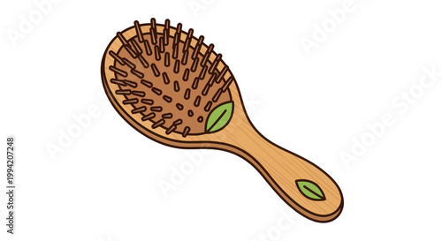 Eco-friendly wooden hairbrush with green leaf icon, isolated on white background