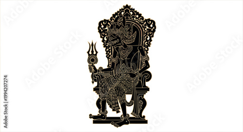 Intricate Black Silhouette of Hindu Deity Narasimha on Ornate Throne with Trident