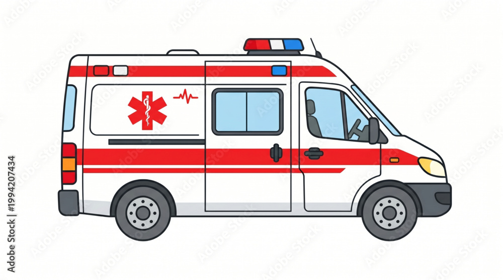 Fototapeta premium Flat icon illustration of a white and red emergency ambulance vehicle