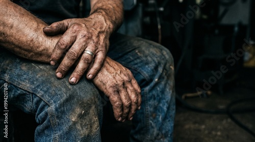 Close-Up Dirty Worker Hands Resting on Knees, Hard Labor Concept, No Face, Dramatic Lighting