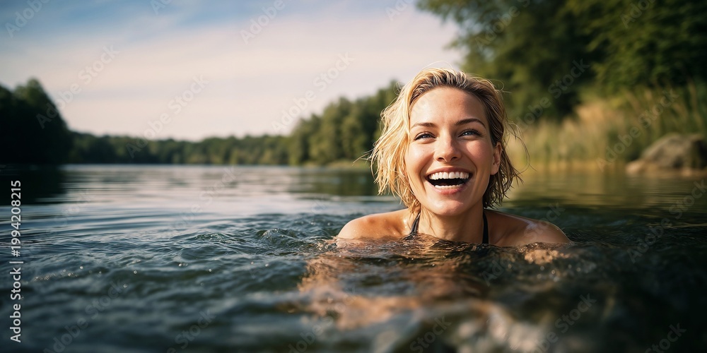 Fototapeta premium Portrait of a joyful young woman, girl with blonde hair laughing while bathing, swimming in water in a tranquil lake surrounded by lush green trees under a clear sky in nature outdoors