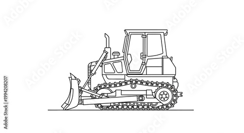 Black and White Line Art Illustration of a Heavy Construction Bulldozer