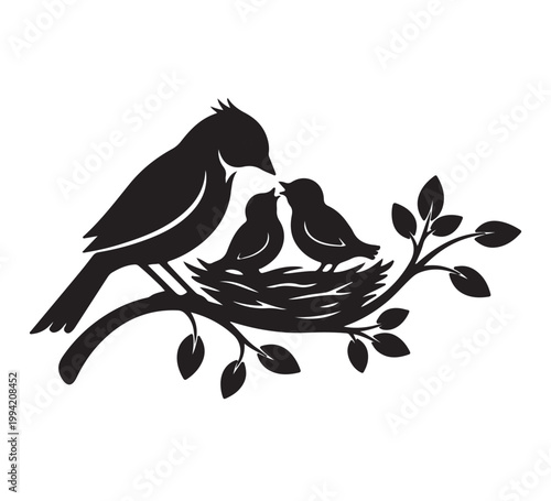 A striking silhouette illustration of a parent bird feeding two baby birds in a nest on a branch, symbolizing family, nurture, and nature's cycle