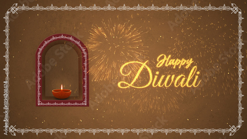 Canvas Print Happy Diwali Greeting card with lit clay diya lamps