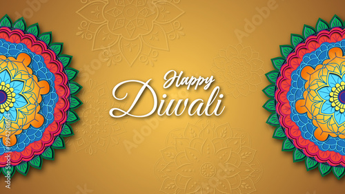 Happy Diwali Greeting card with lit clay diya lamps 