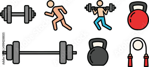 Fitness and gym equipment icon set, 8 flat vector workout elements, bodybuilding and weightlifting symbols for exercise apps and sports infographics