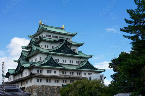 Canvastavla Traditional Japanese Castle With Layered Green Roofs Framed by Trees Under Blue
