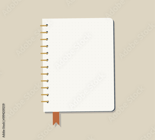 Принти на полотні Open Spiral Notebook with Dot Grid Pages Minimalist Stationery Vector with Gold Binding and Bookmark