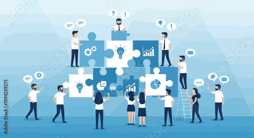 Business teamwork concept with people assembling puzzle pieces, corporate collaboration and problem solving vector, professional team building illustration