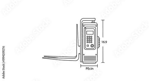 Technical Drawing of Industrial Control Device with Forklift Attachment