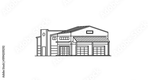 Architectural Line Drawing of a Modern Industrial Warehouse Building