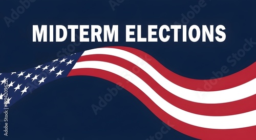 Bold graphic design announcing midterm elections with waving American flag and patriotic colors.
