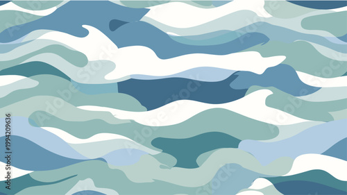Abstract wave pattern combining shades of blue, green, and white for fashion or decor. Abstract wave pattern background creating liquid texture