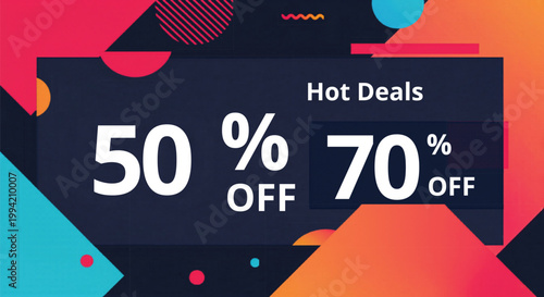 Abstract geometric sale banner with Hot Deals text, colorful 50 percent and 70 percent off discount promotion, modern retail marketing vector background