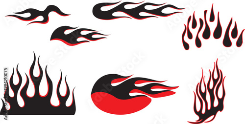 Flame decal. fire abstract black with red shade silhouette flames race  tattoo. hot rod car vinyl decals vector design