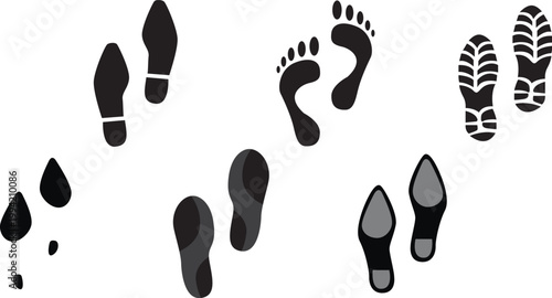 Footprints black set. boot footsteps. shoe, male female footprint silhouettes
