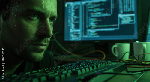 Young man concentrating intently, forehead sweating from intense focus. Dark room with glowing green light from computer screens and keyboard.