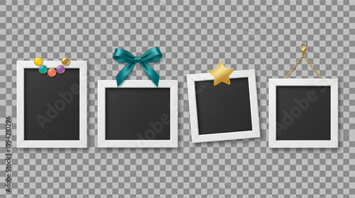 Realistic photo frame mockup set, white wooden picture frames with decorative teal bow, golden star, colorful beads and gold chain, blank square and rectangular border templates for memory collage