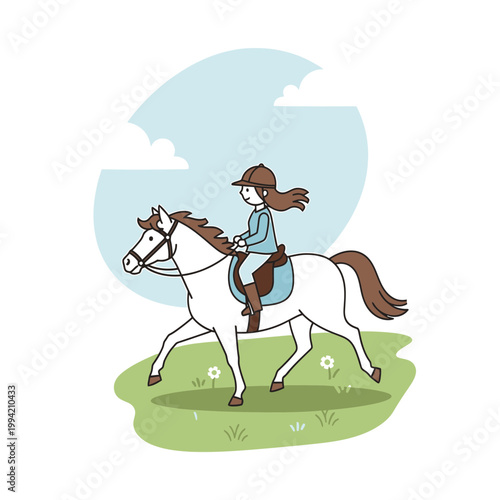 Vector illustration of a woman riding a white horse in a green field
