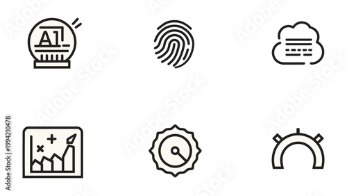 Icon Collection of Technological Innovation: A compilation of minimalist line icons representing cutting-edge technology, encompassing artificial intelligence, digital security, cloud computing.
