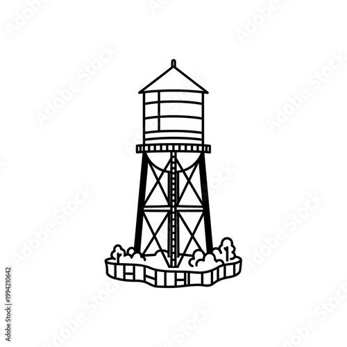 Minimalist black and white water tower line art illustration