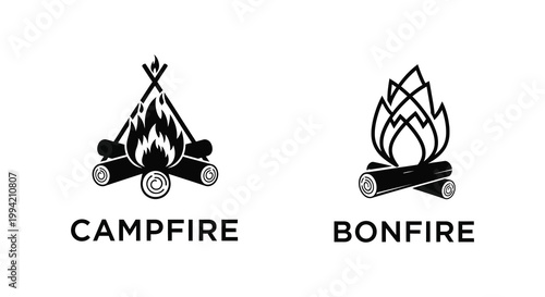 Two distinct black fire designs with accompanying text labels showcasing camping and bonfire imagery silhouette high quality professional detailed modern elegant