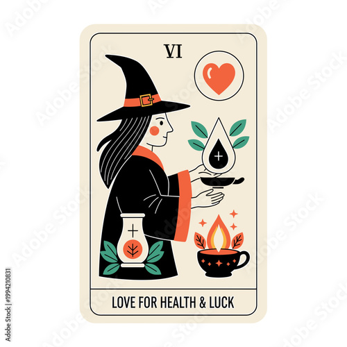 Witch Tarot Card for Love Health and Luck Illustration