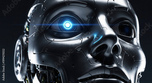 Close-up of a sleek metallic robot head with a glowing blue eye. Concept of artificial intelligence and advanced technology.