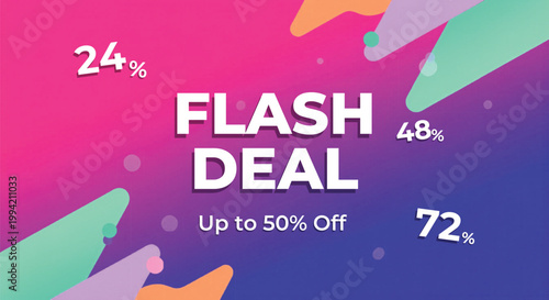 Flash Deal promotional banner with up to 50 percent off text, vibrant gradient background with abstract shapes, retail sale marketing vector illustration