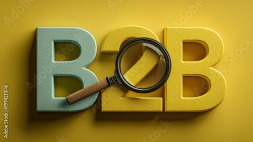 B2B Letters with Magnifying Glass on Yellow Background
