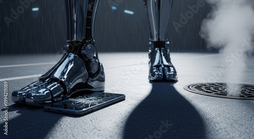 Robotic chrome legs standing on a wet street, crushing a broken smartphone. Dark urban setting with rain and steaming manhole.