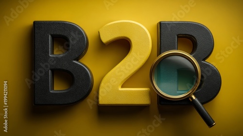 B2B Business Concept with Magnifying Glass on Yellow Background
