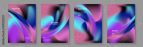 Set of dark abstract posters featuring holographic liquid waves and neon glowing edges for futuristic club events and premium tech branding