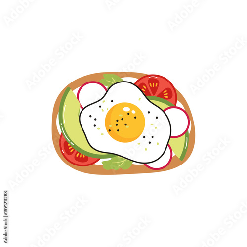 Healthy avocado toast with fried egg flat vector illustration