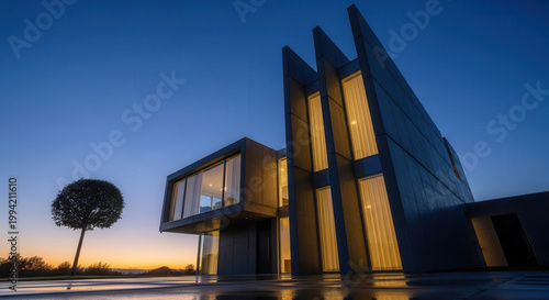 Modern concrete house with large illuminated windows, reflecting on wet ground. Dramatic twilight sky at sunset, architectural grandeur.