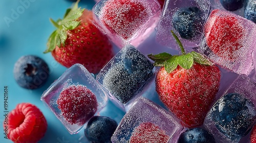 Fresh Berries Frozen in Ice Cubes on a Blue Background