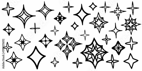 Collection of various sparkling star and diamond shaped line art icons