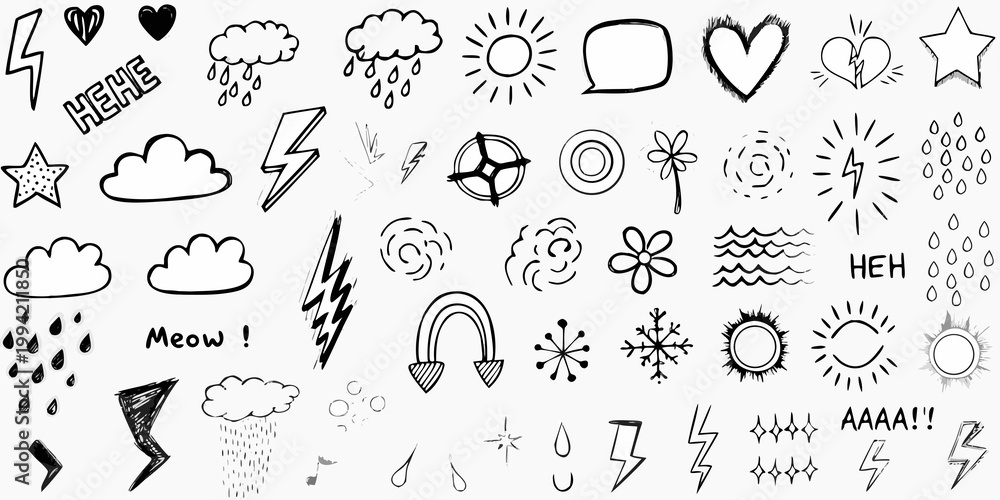 Fototapeta premium Collection of hand drawn doodle illustrations including weather hearts and stars