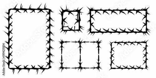 Black and white illustration of five barbed wire frame shapes