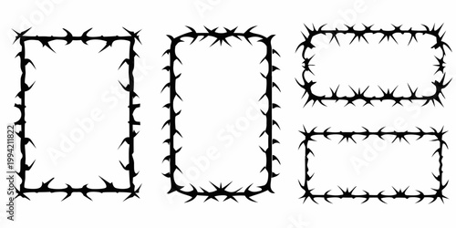 Four black frames with barbed wire edges arranged on a white background