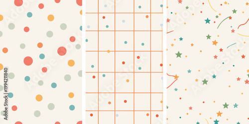 Colorful patterned backgrounds with dots grids and stars displayed vertically