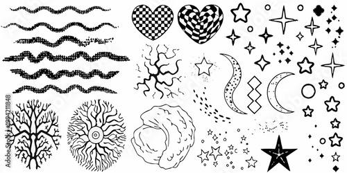 Bild auf Leinwand Collection of hand drawn black and white doodles hearts stars and waves